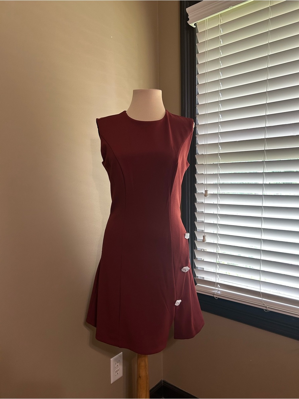 Express Sleeveless Burgundy Mini Dress with Side Bow Accent Buttons - Picture 2 of 9